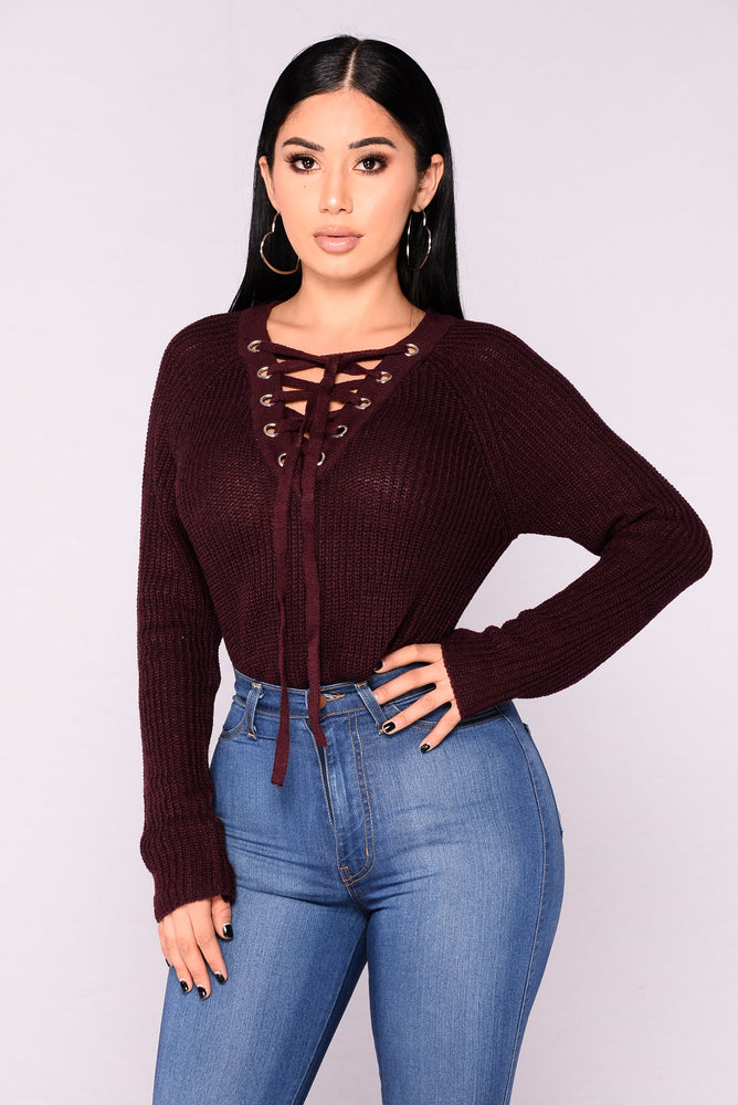 Lace Things Up Long Sleeve Sweater - Ladies Clothing | Axariya's closet